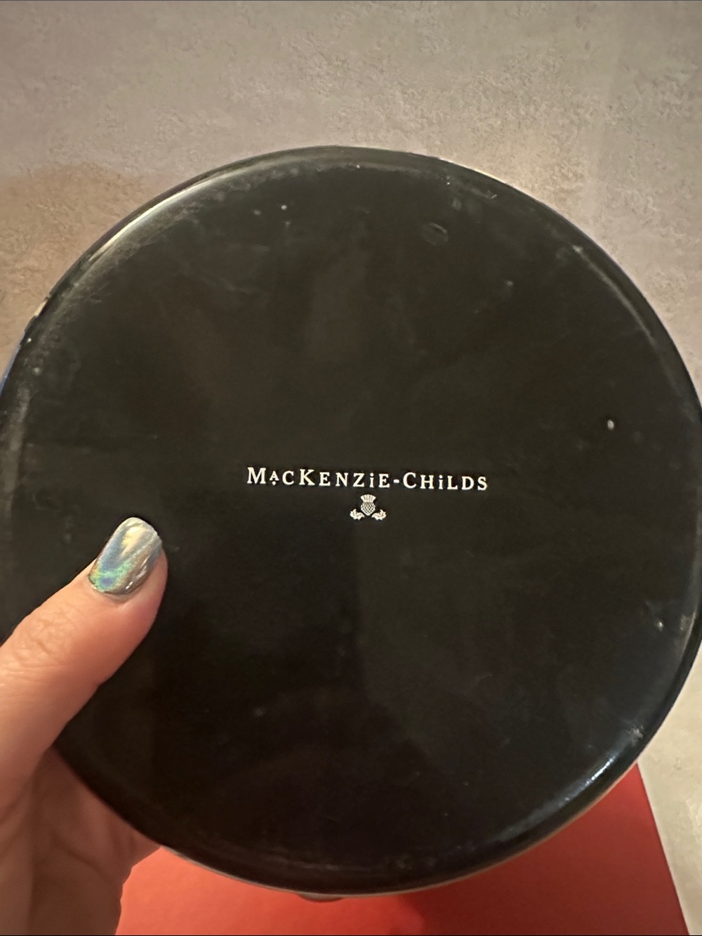 MacKenzie-Childs Floral Black Enamel Tea Kettle with Wooden Handle - Picture 3 of 7